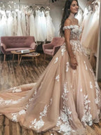 Elegant Long A-line Off the Shoulder Tulle Lace Graduation Prom Dresses by BIZTUNNEL