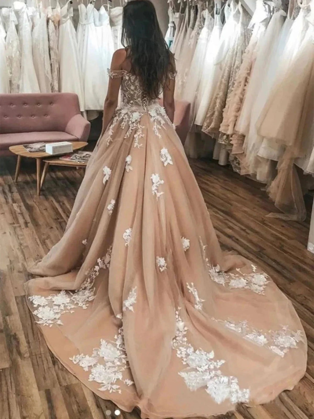 Elegant Long A-line Off the Shoulder Tulle Lace Graduation Prom Dresses by BIZTUNNEL