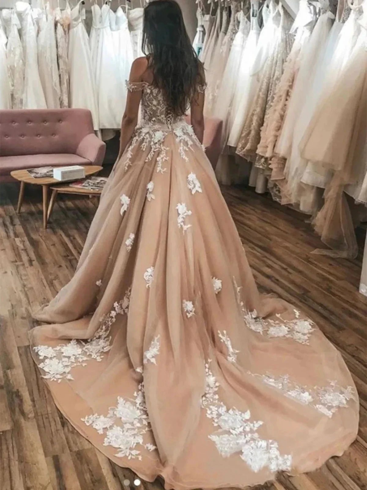 Elegant Long A-line Off the Shoulder Tulle Lace Graduation Prom Dresses by BIZTUNNEL