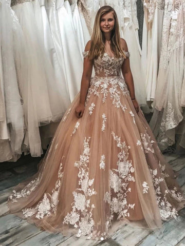 Elegante vestido de graduación largo de tul con encaje y hombros descubiertos en forma de A