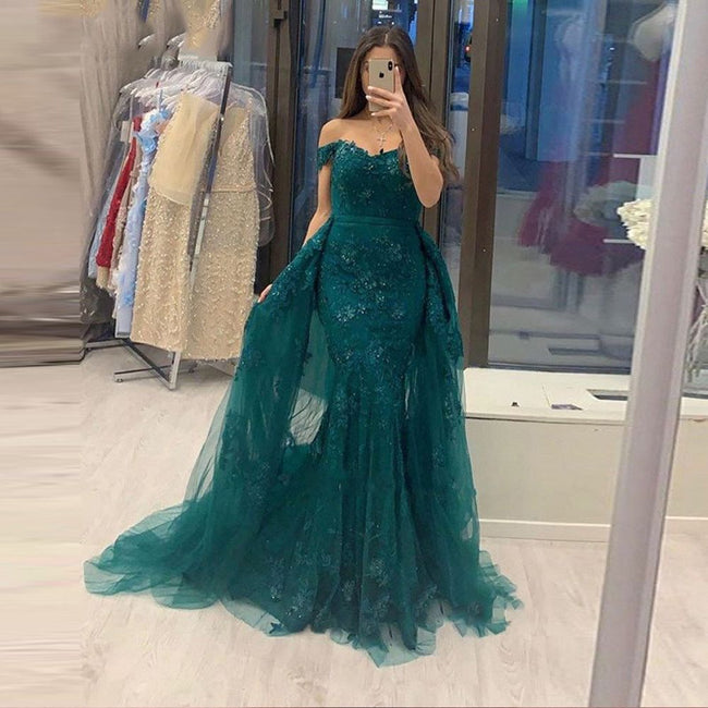 Elegant Long A-line Off-the-shoulder Tulle Lace Prom Dress Main Image