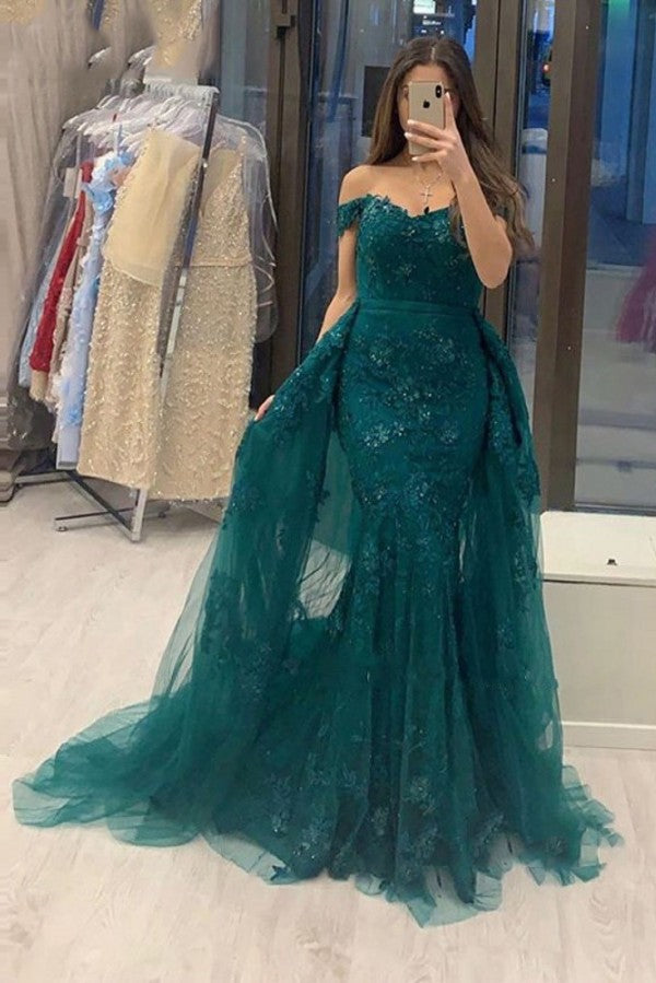 Elegant Long A-line Off-the-shoulder Tulle Lace Prom Dress Hover Image