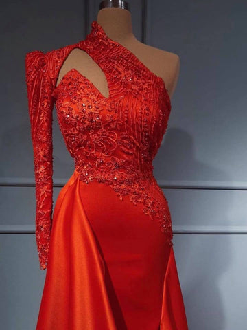 Elegantes langes A-Linien-Ballkleid aus Satin mit einer Schulter und Ärmeln