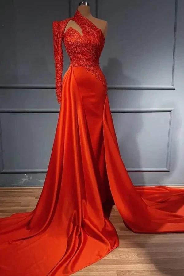 Elegant Long A-line One Shouder Satin Prom Dress with Sleeves by BIZTUNNEL