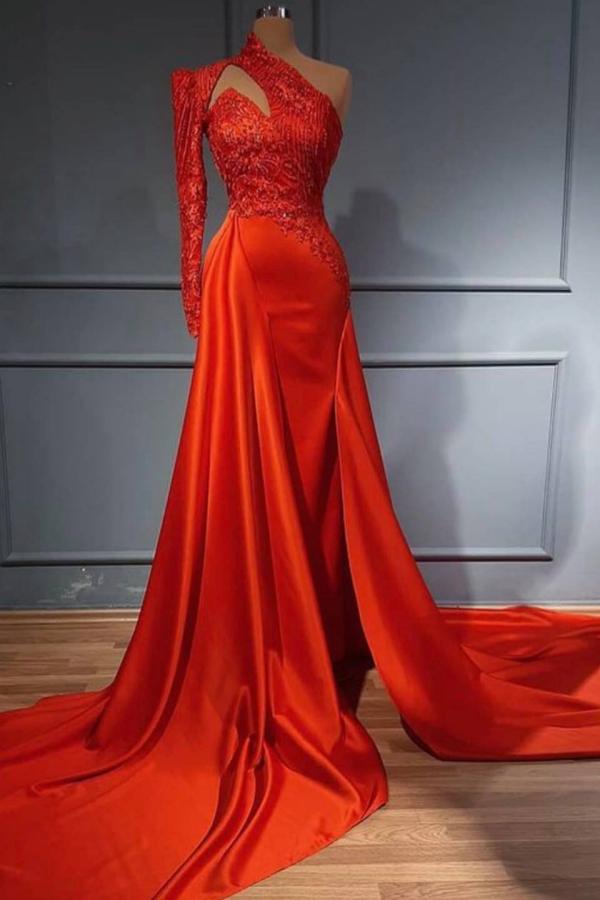 Elegant Long A-line One Shouder Satin Prom Dress with Sleeves Hover Image