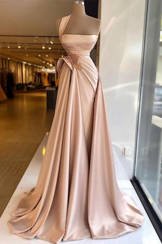 Elegante vestido de fiesta largo de corte A con un solo hombro, apliques de encaje y cuentas