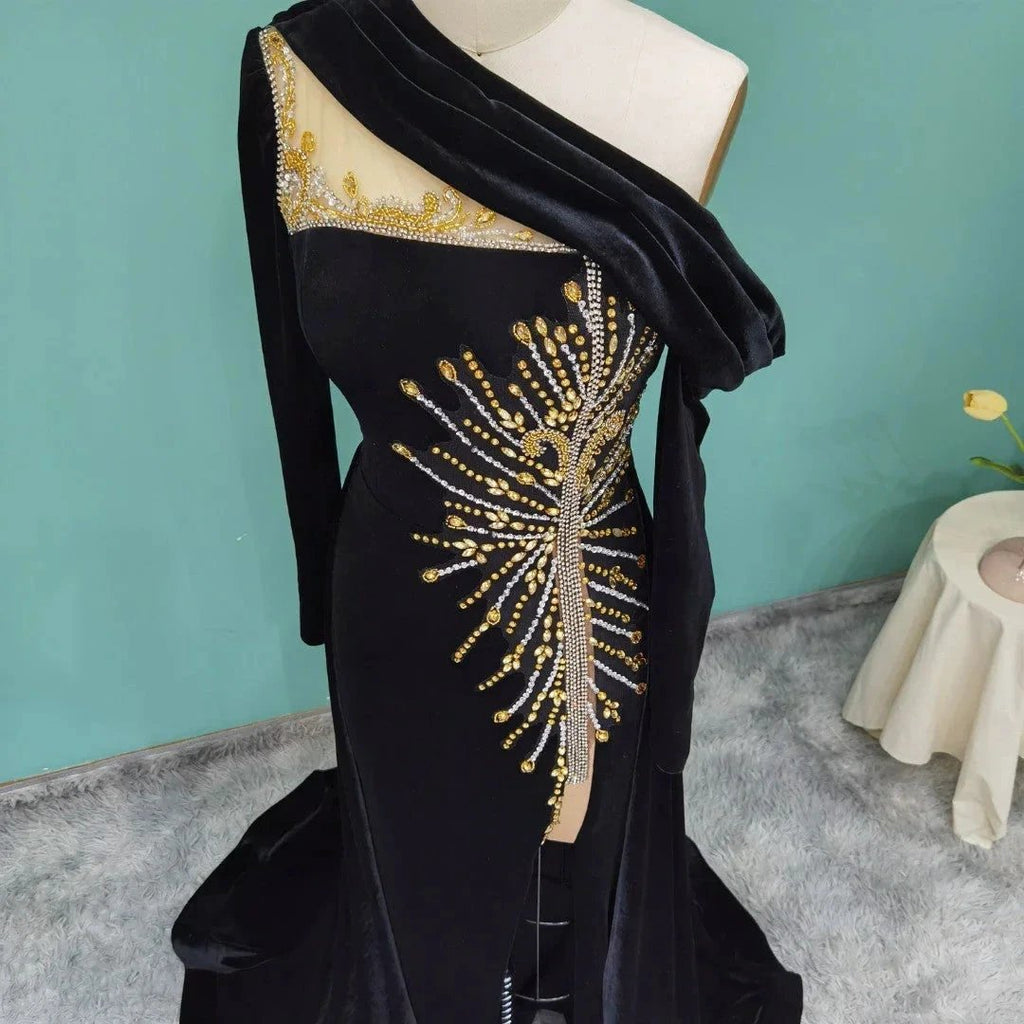 Elegant Long A-line One Shoulder Beading Prom Dress With Long Sleeves by misshow.com