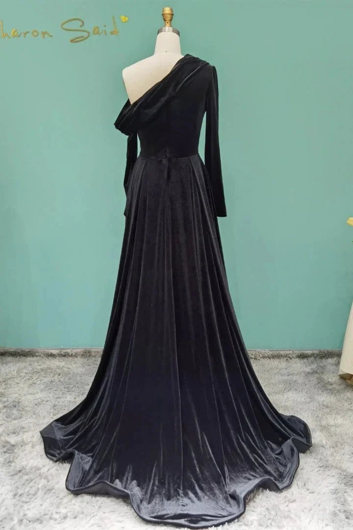 Elegant Long A-line One Shoulder Beading Prom Dress With Long Sleeves by misshow.com