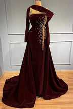 Elegant Long A-line One Shoulder Beading Prom Dress With Long Sleeves by misshow.com