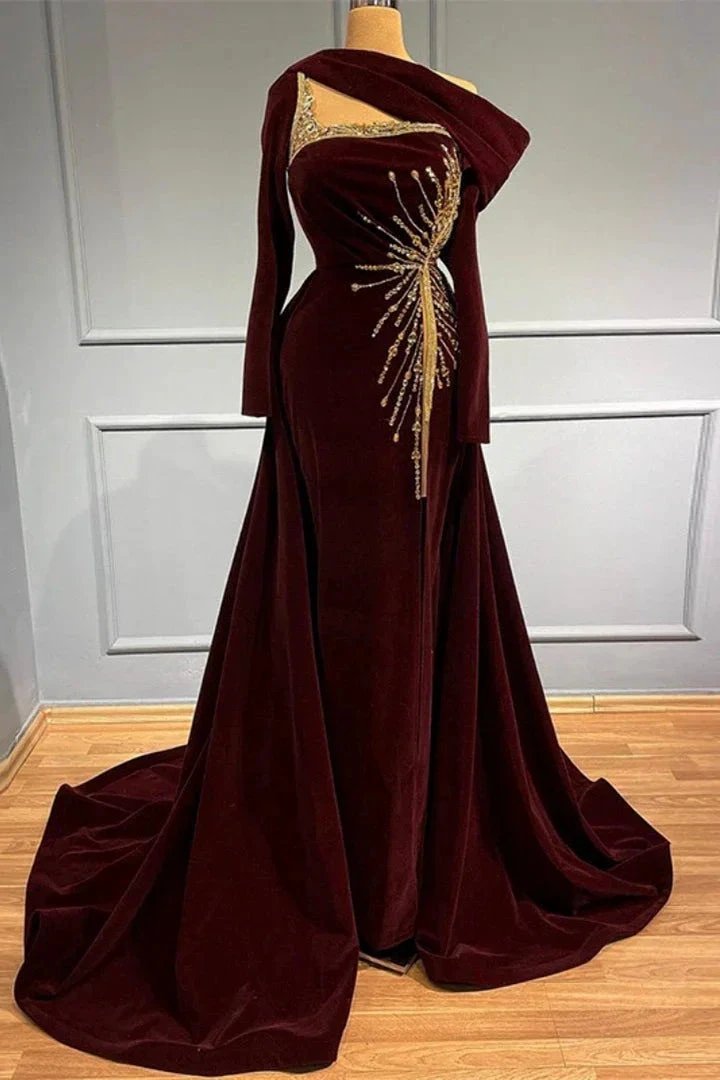 Elegant Long A-line One Shoulder Beading Prom Dress With Long Sleeves by misshow.com