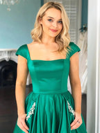 Elegant Long A-line Satin Cap Sleeves Graduation Prom Dresses with Pockets by BIZTUNNEL