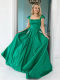 Elegant Long A-line Satin Cap Sleeves Graduation Prom Dresses with Pockets by BIZTUNNEL