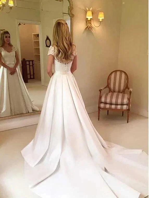 Elegant Long A-line Satin Lace Wedding Dress with Sleeves by BIZTUNNEL