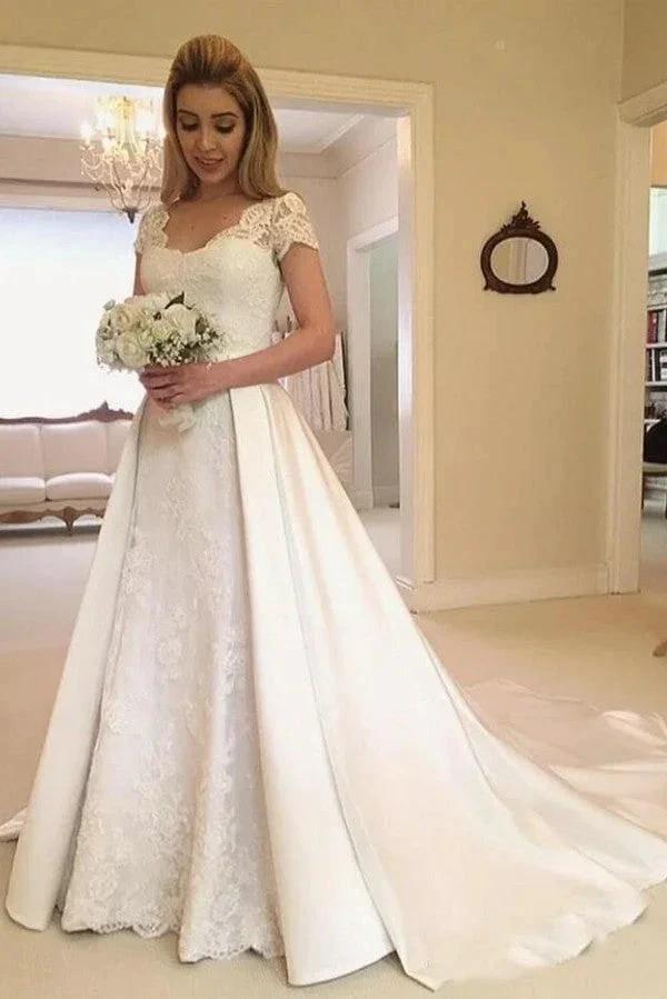 Elegant Long A-line Satin Lace Wedding Dress with Sleeves by BIZTUNNEL