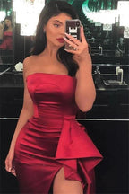 Elegant Long A-line Strapless Satin Prom Dress with Slit by BIZTUNNEL