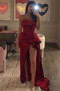 Elegant Long A-line Strapless Satin Prom Dress with Slit by BIZTUNNEL