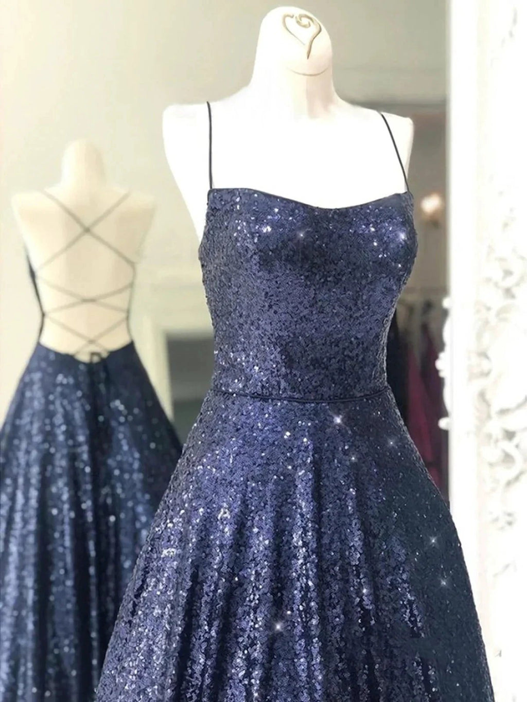 Elegant Long A-line Strapless Sequined Open Back Formal Prom Dresses by BIZTUNNEL