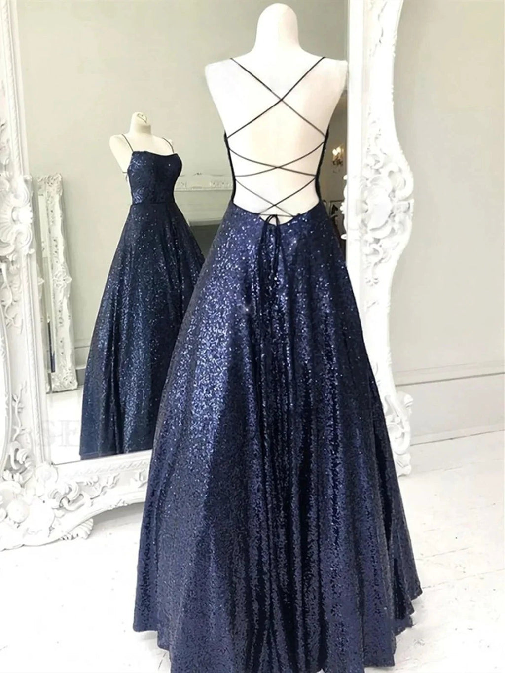 Elegant Long A-line Strapless Sequined Open Back Formal Prom Dresses by BIZTUNNEL
