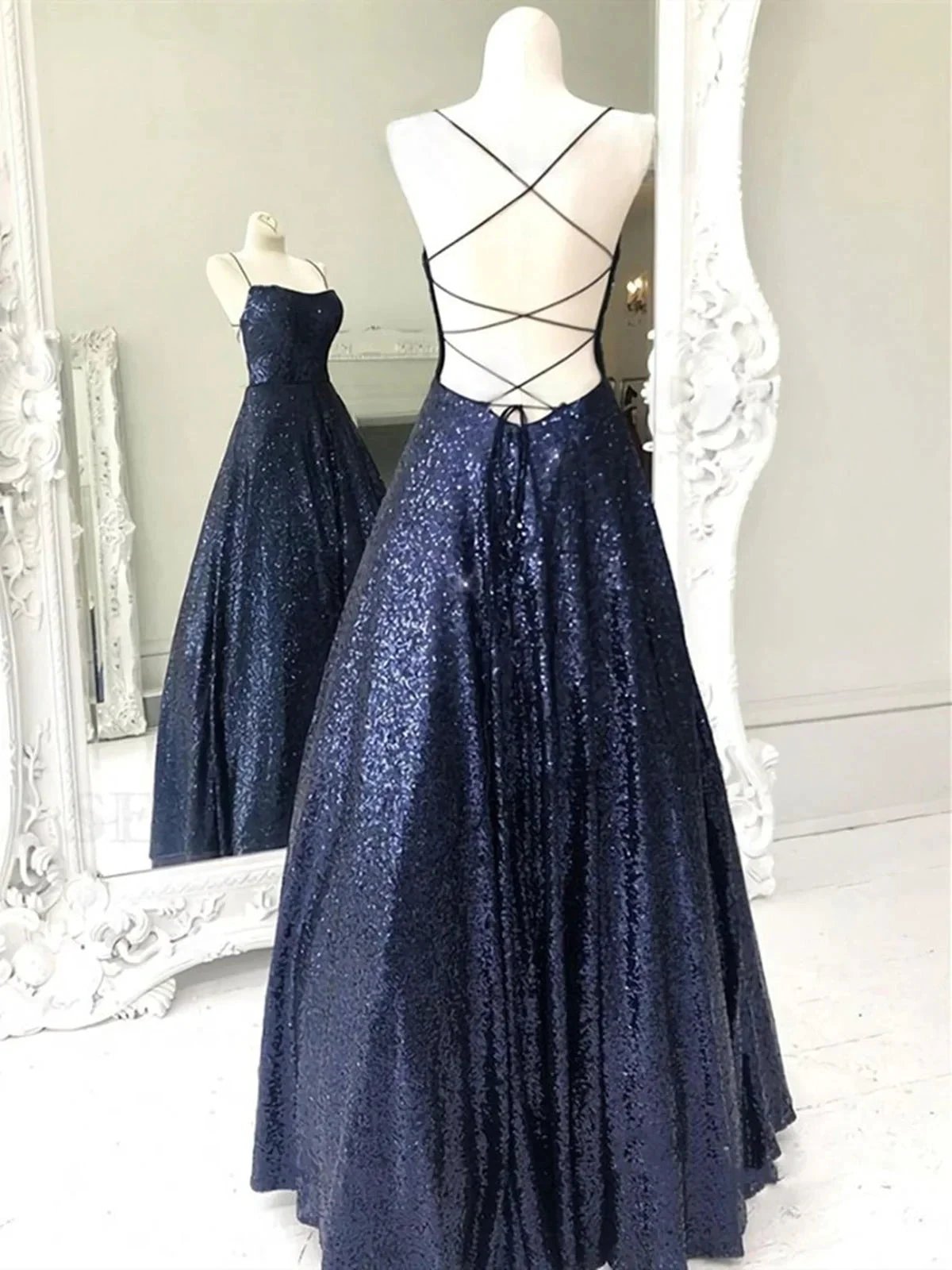 Elegant Long A-line Strapless Sequined Open Back Formal Prom Dresses by BIZTUNNEL