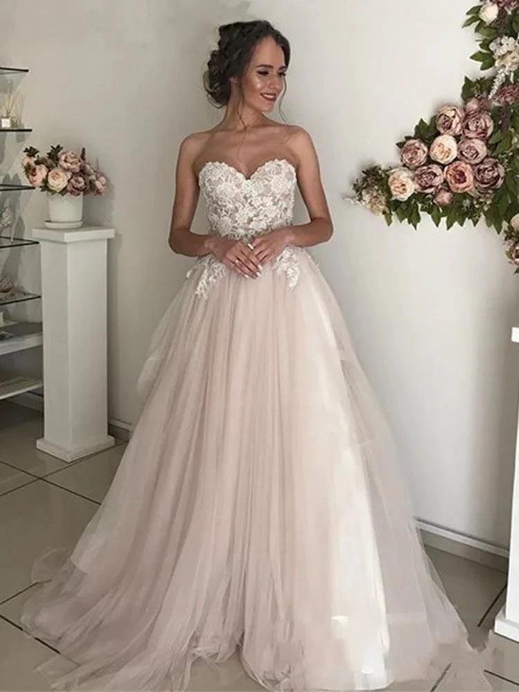 Elegant Long A-Line Sweethart Tulle Lace Wedding Dresses by BIZTUNNEL