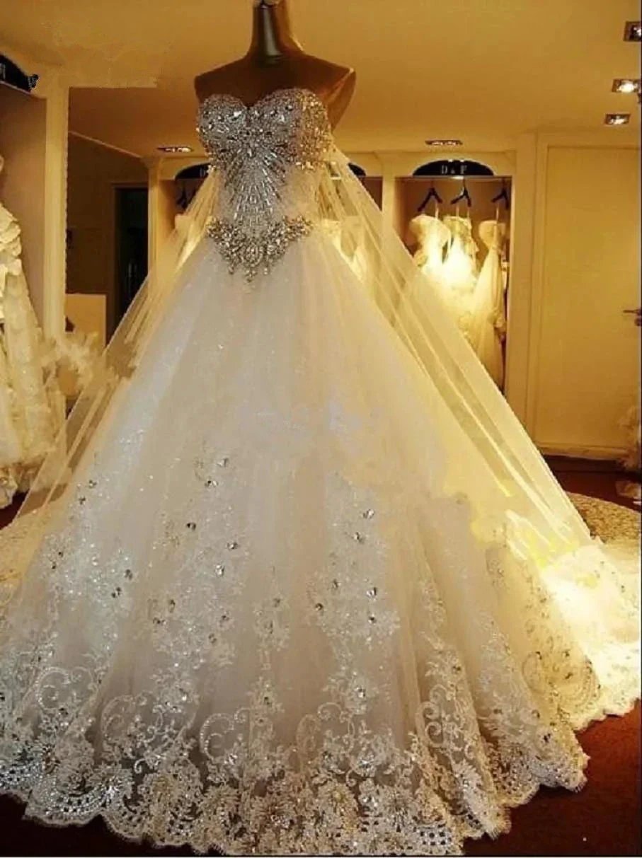 Elegant Long A Line Sweetheart Appliques Crystal Beading Wedding Dress by BIZTUNNEL