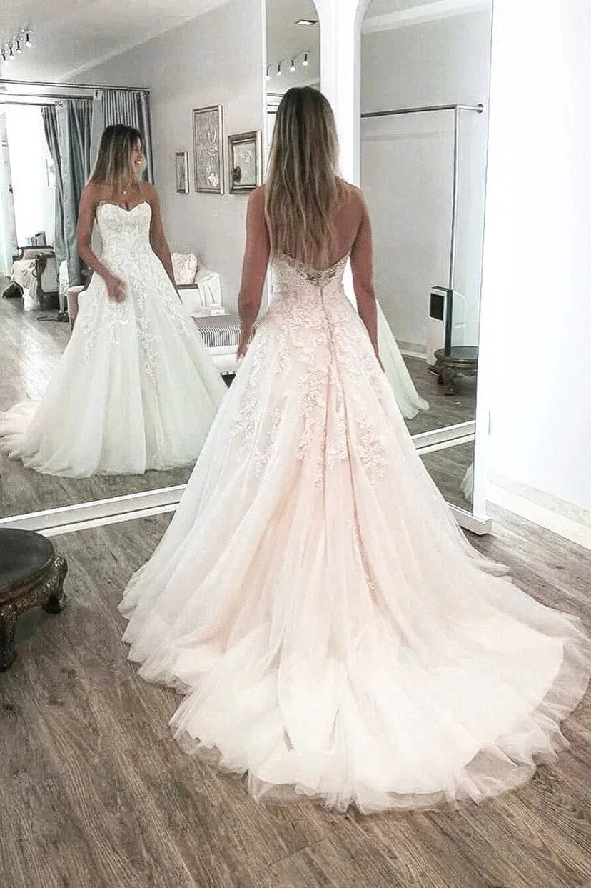 Elegant Long A-line Sweetheart Appliques Lace Tulle Wedding Dress by BIZTUNNEL