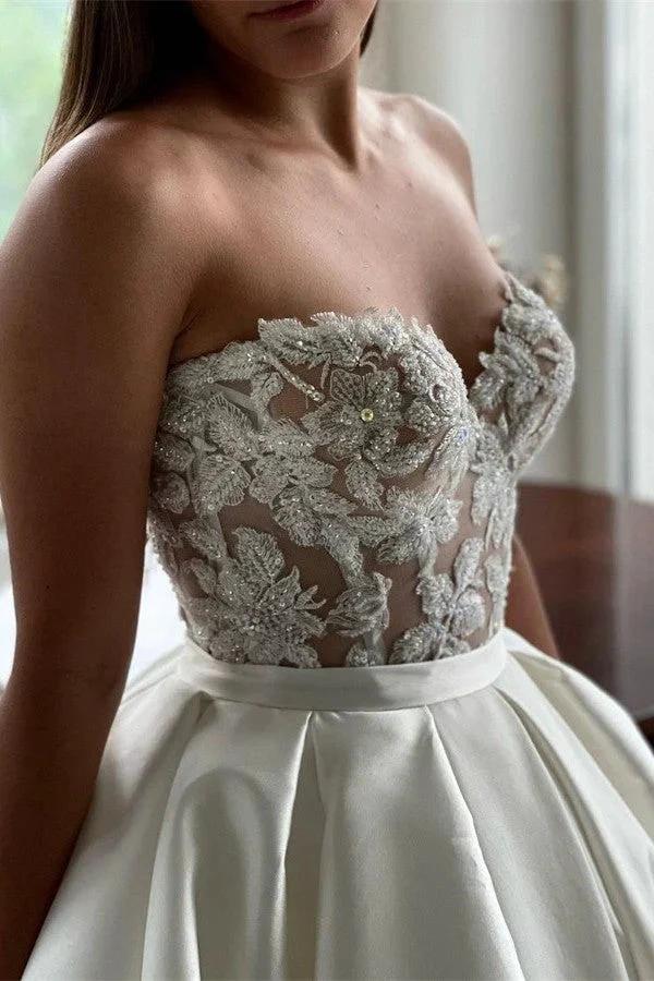 Elegant Long A-line Sweetheart Lace Satin Wedding Dresses by BIZTUNNEL