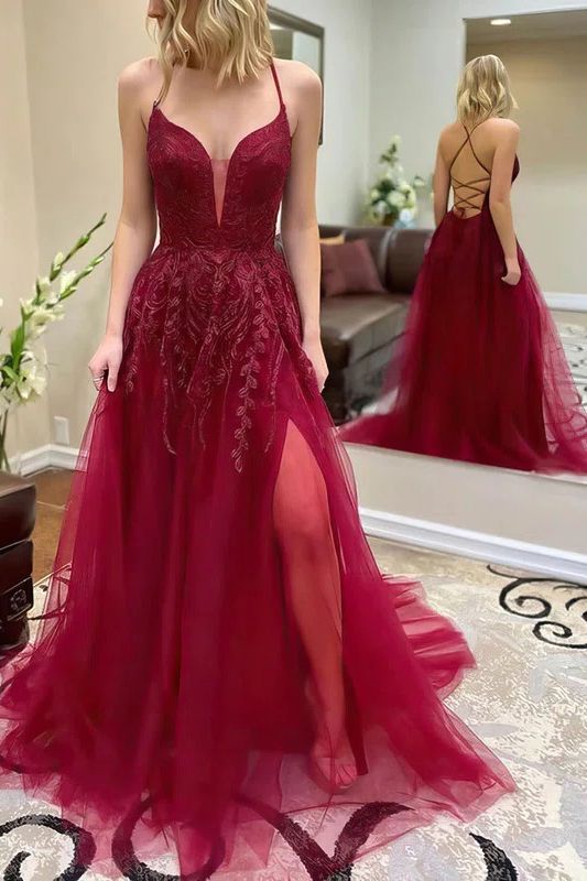 Elegant Long A-Line Sweetheart Tulle Backless Prom Dress With Slit Hover Image