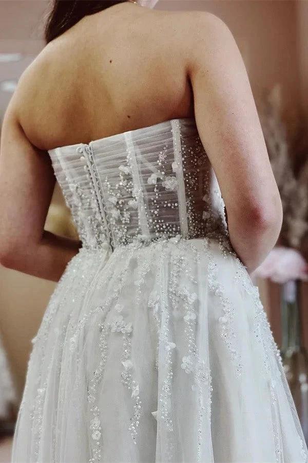 Elegant Long A-line Sweetheart Tulle Lace Wedding Dress with Slit by BIZTUNNEL