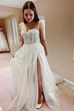 Elegant Long A-line Sweetheart Tulle Lace Wedding Dress with Slit by BIZTUNNEL