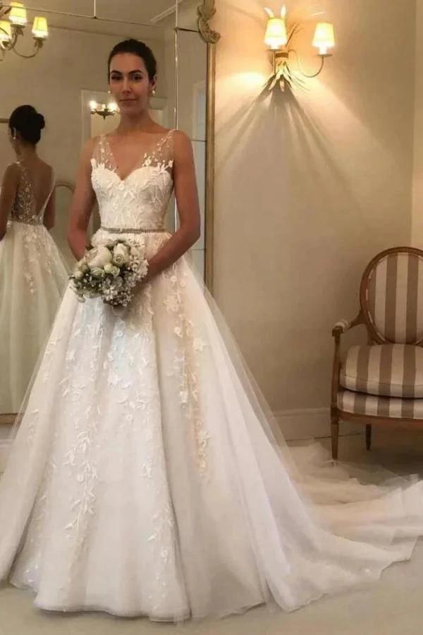 Elegant Long A-line Sweetheart Tulle Open Back Wedding Dress by BIZTUNNEL