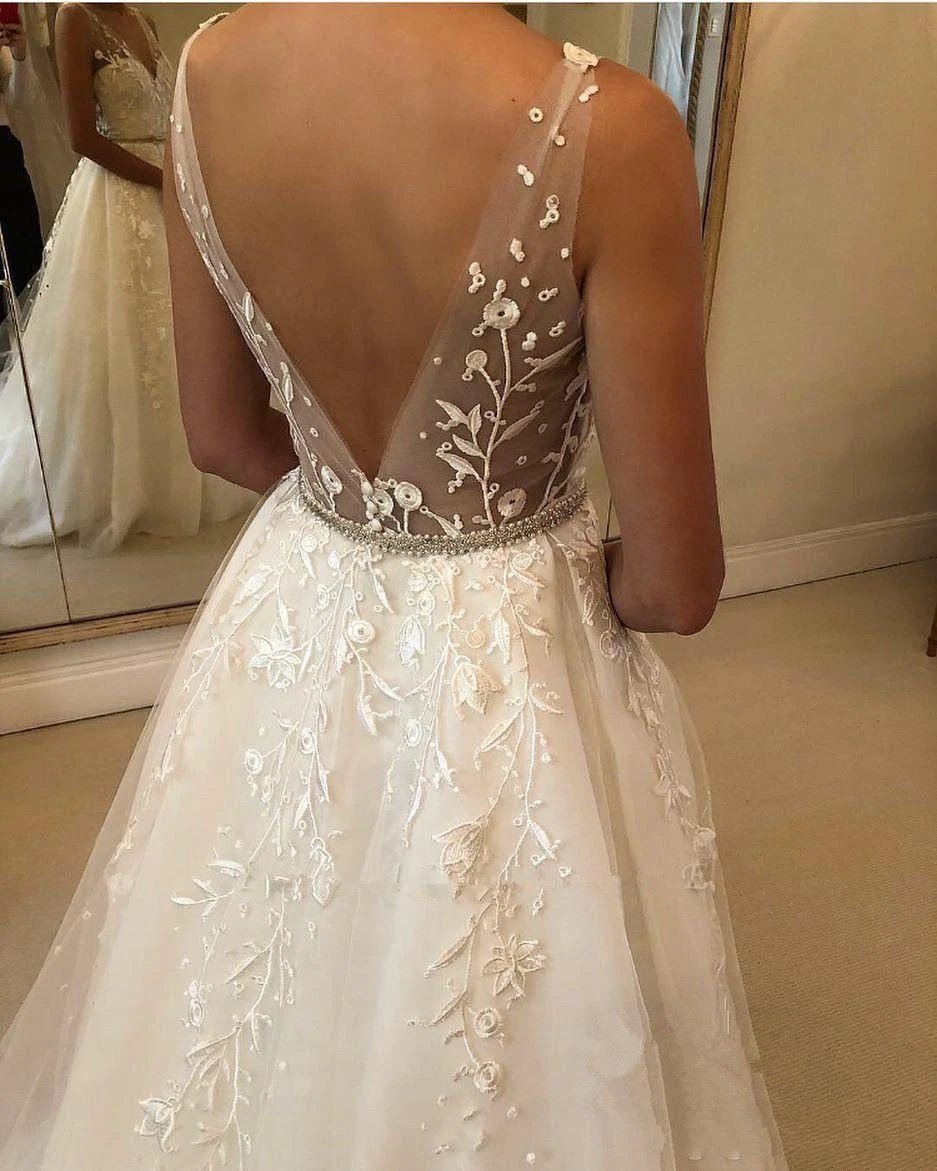 Elegant Long A-line Sweetheart Tulle Open Back Wedding Dress by BIZTUNNEL