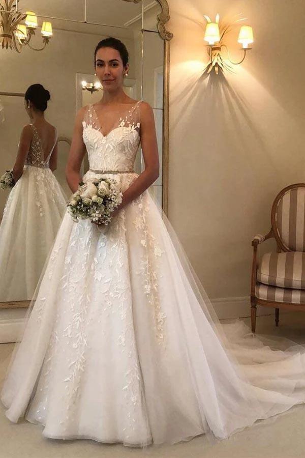 Elegant Long A-line Sweetheart Tulle Open Back Wedding Dress by BIZTUNNEL