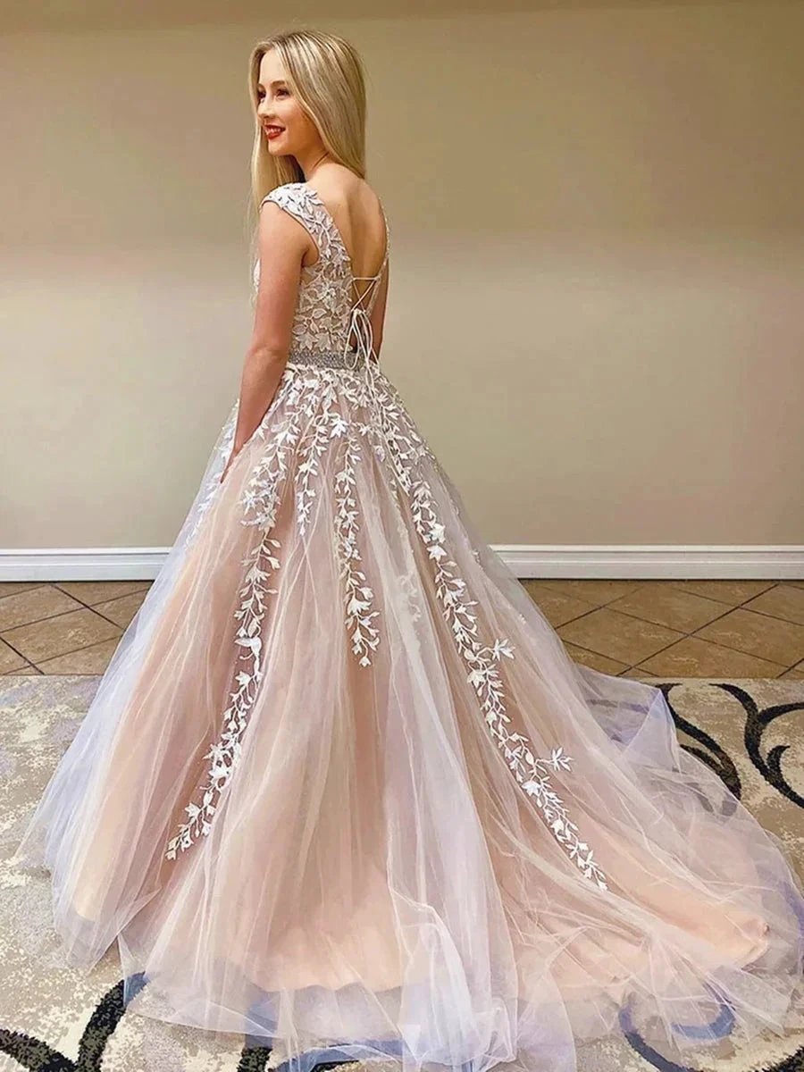 Elegant Long A-line Tulle Lace Round Neck Backless Formal Prom Dresses by BIZTUNNEL