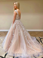 Elegant Long A-line Tulle Lace Round Neck Backless Formal Prom Dresses by BIZTUNNEL