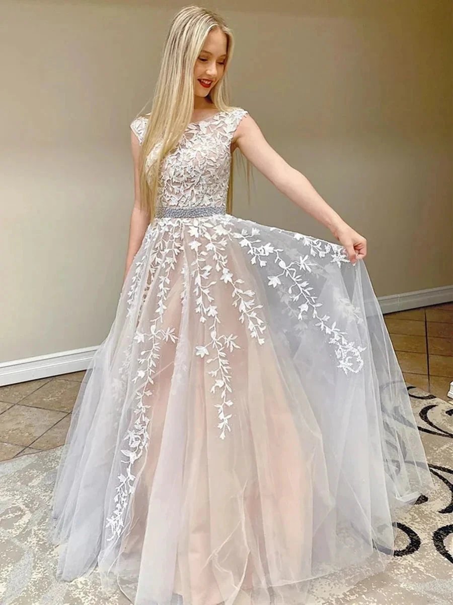 Elegant Long A-line Tulle Lace Round Neck Backless Formal Prom Dresses by BIZTUNNEL