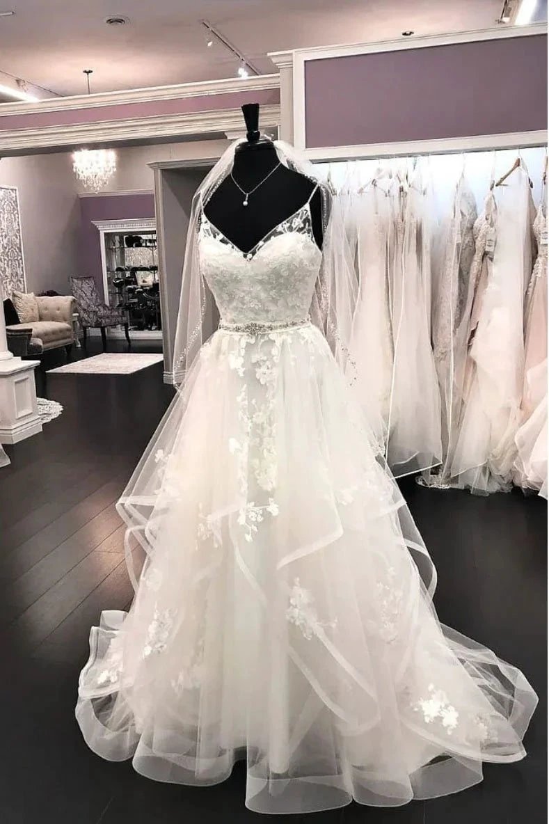 Elegant Long A Line Tulle Lace V Neck Spaghetti Straps Wedding Dress by BIZTUNNEL