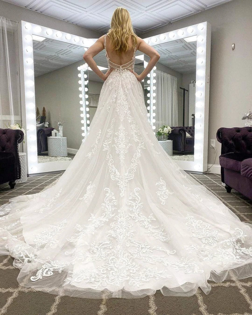 Elegant Long A-line V-neck Appliques Lace Tulle Backless Wedding Dress by BIZTUNNEL