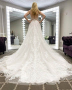 Elegant Long A-line V-neck Appliques Lace Tulle Backless Wedding Dress by BIZTUNNEL