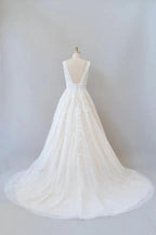 Elegant Long A-line V-neck Appliques Lace Tulle Backless Wedding Dress by BIZTUNNEL