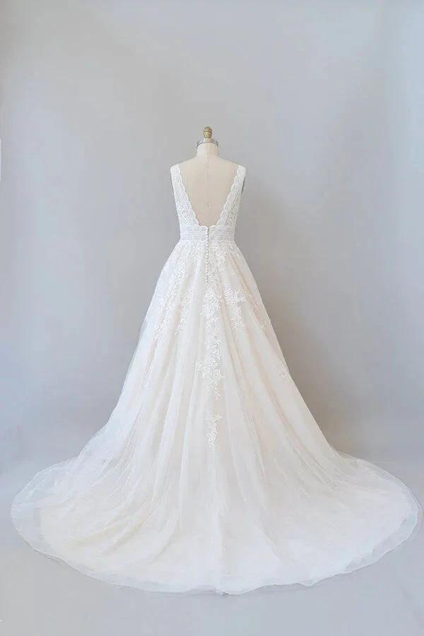 Elegant Long A-line V-neck Appliques Lace Tulle Backless Wedding Dress by BIZTUNNEL