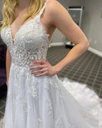 Elegant Long A-line V-neck Appliques Lace Tulle Backless Wedding Dress by BIZTUNNEL