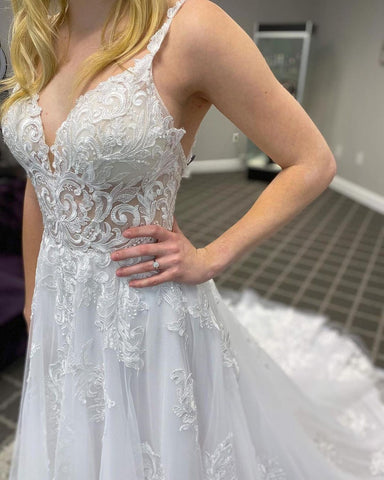 Elegant Long A-line V-neck Appliques Lace Tulle Backless Wedding Dress