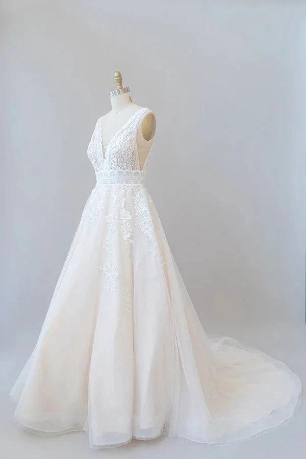 Elegant Long A-line V-neck Appliques Lace Tulle Backless Wedding Dress by BIZTUNNEL