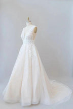 Elegant Long A-line V-neck Appliques Lace Tulle Backless Wedding Dress by BIZTUNNEL
