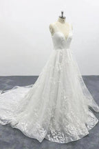 Elegant Long A-line V-neck Appliques Lace Tulle Backless Wedding Dress by BIZTUNNEL