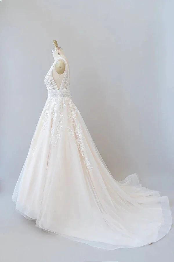 Elegant Long A-line V-neck Appliques Lace Tulle Backless Wedding Dress by BIZTUNNEL