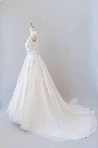 Elegant Long A-line V-neck Appliques Lace Tulle Backless Wedding Dress