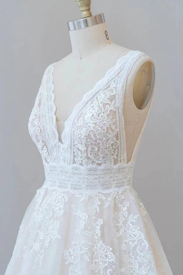 Elegant Long A-line V-neck Appliques Lace Tulle Backless Wedding Dress by BIZTUNNEL