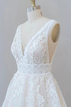 Elegant Long A-line V-neck Appliques Lace Tulle Backless Wedding Dress by BIZTUNNEL